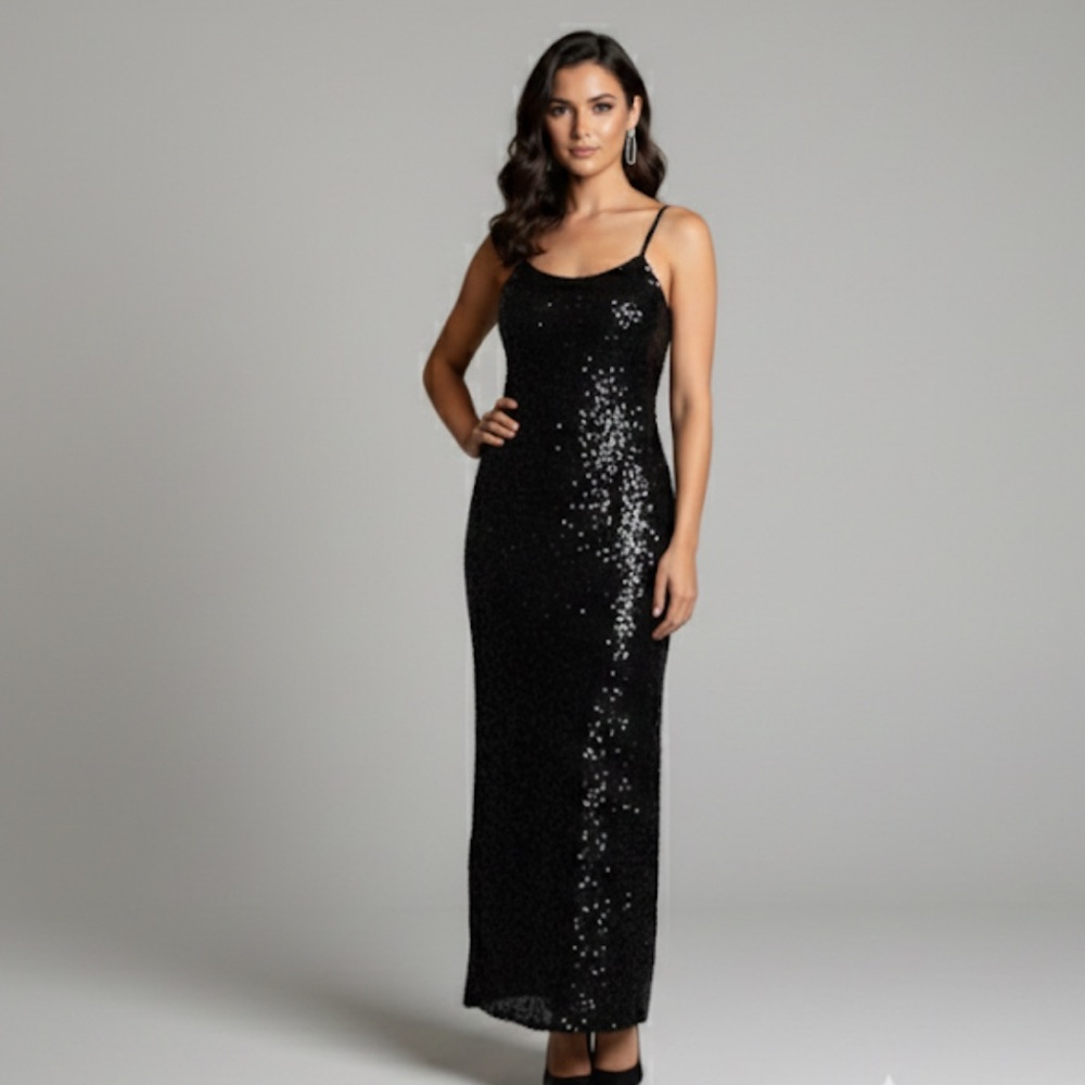Anthropologie paillettes sequin Maxi Slip Dress Black